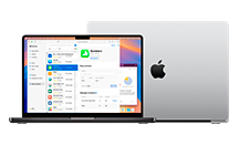 Pantalla de una MacBook que muestra una presentación en Keynote y la ventana de configuración de FileVault en el fondo