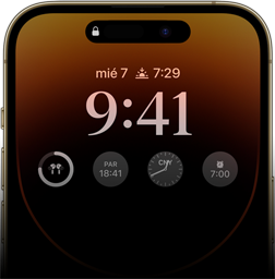 Vista de la parte frontal de un iPhone 14 Pro que muestra la pantalla siempre activa con la hora, fecha, cuatro widgets y más.