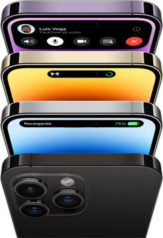 iPhone 14 Pro en cuatro colores — Negro espacial, azul, color oro y morado oscuro. Un modelo muestra la parte posterior del teléfono y los otros tres muestran la parte frontal de la pantalla.