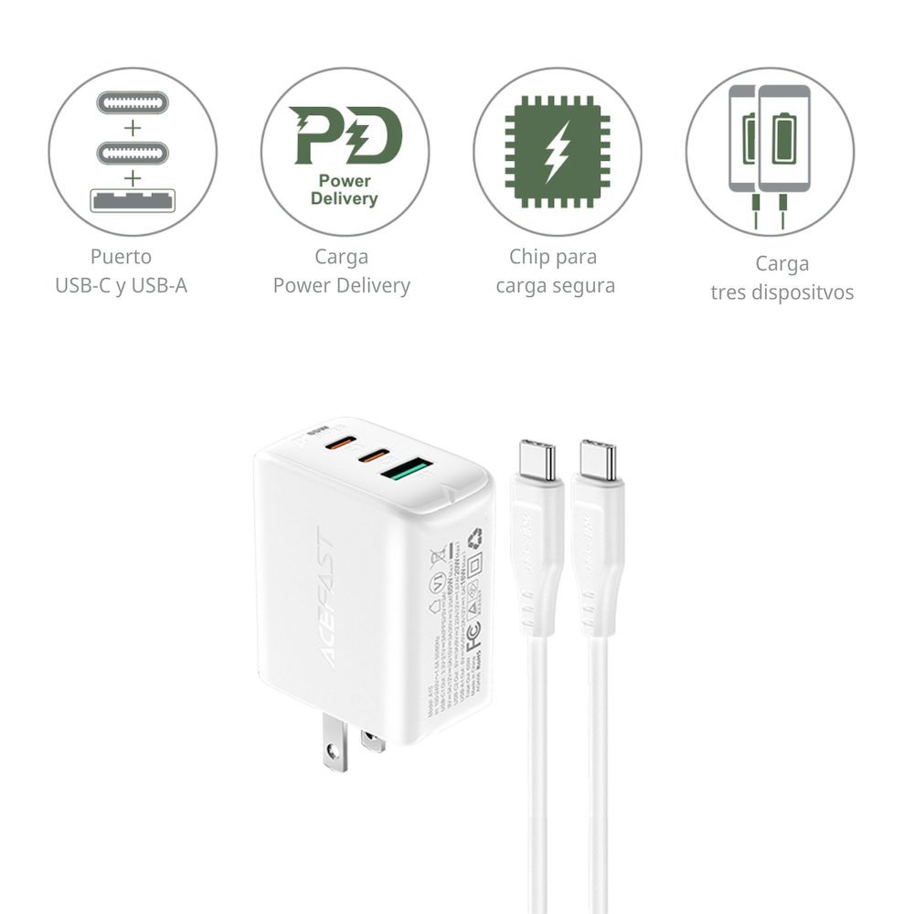 Brinda carga Power Delivery (PD) de hasta 65W con el puerto USB-C y 18W con el puerto USB-A, Los tres puertos pueden usarse simultáneamente. Es compatible con los protocolos QC 3.0, AFC y FCP, Los conectores son plegables para llevarlo de forma práctica a cualquier lugar. Incluye un cable USB-C a USB-C de 1.2m, Es seguro y a prueba de incendios, caídas, cortocircuitos, sobre voltaje y temperatura.