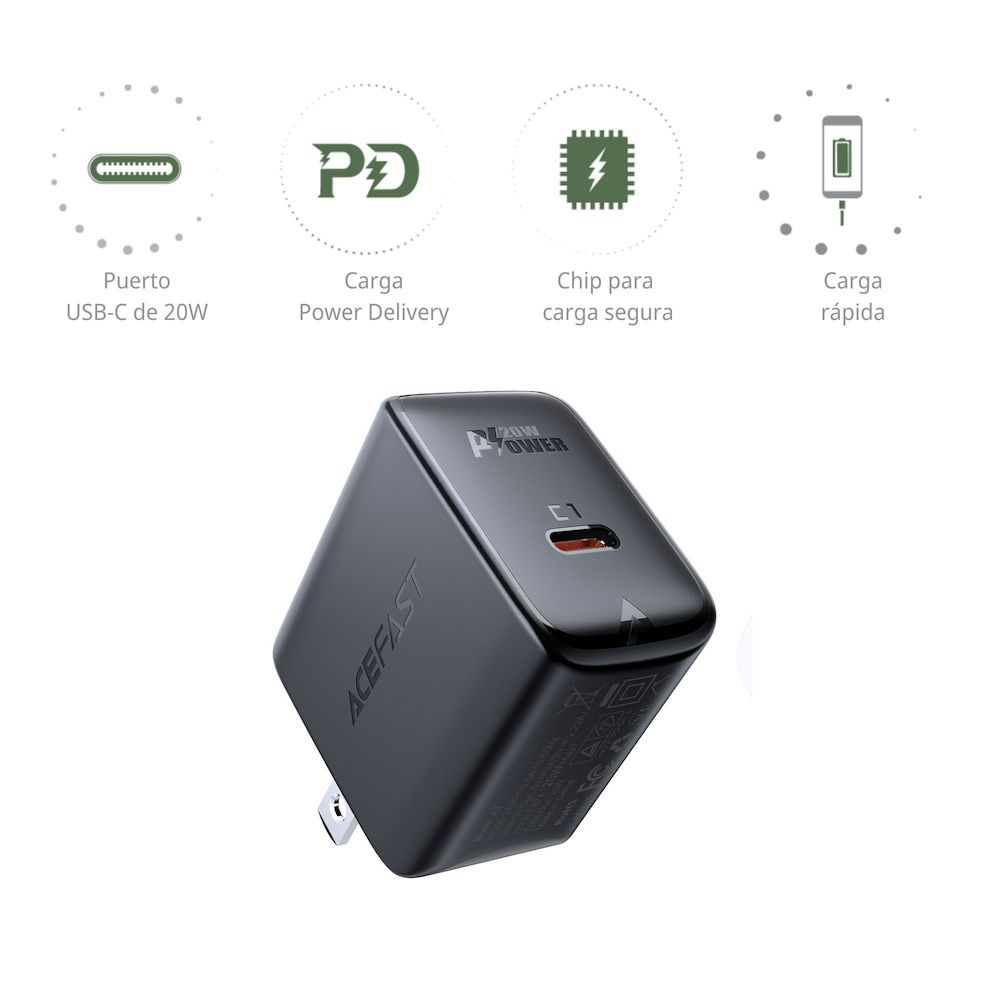 Brinda carga Power Delivery (PD) de hasta 20W, Es compatible con la mayoría de los protocolos de carga rápida como QC3.0, QC4, AFC y FCP, Los conectores son plegables para llevarlo de forma práctica a cualquier lugar, Es seguro y a prueba de incendios, caídas, cortocircuitos, sobre voltaje y temperatura. Incorpora un chip inteligente que regula la carga para proteger tus dispositivos, 