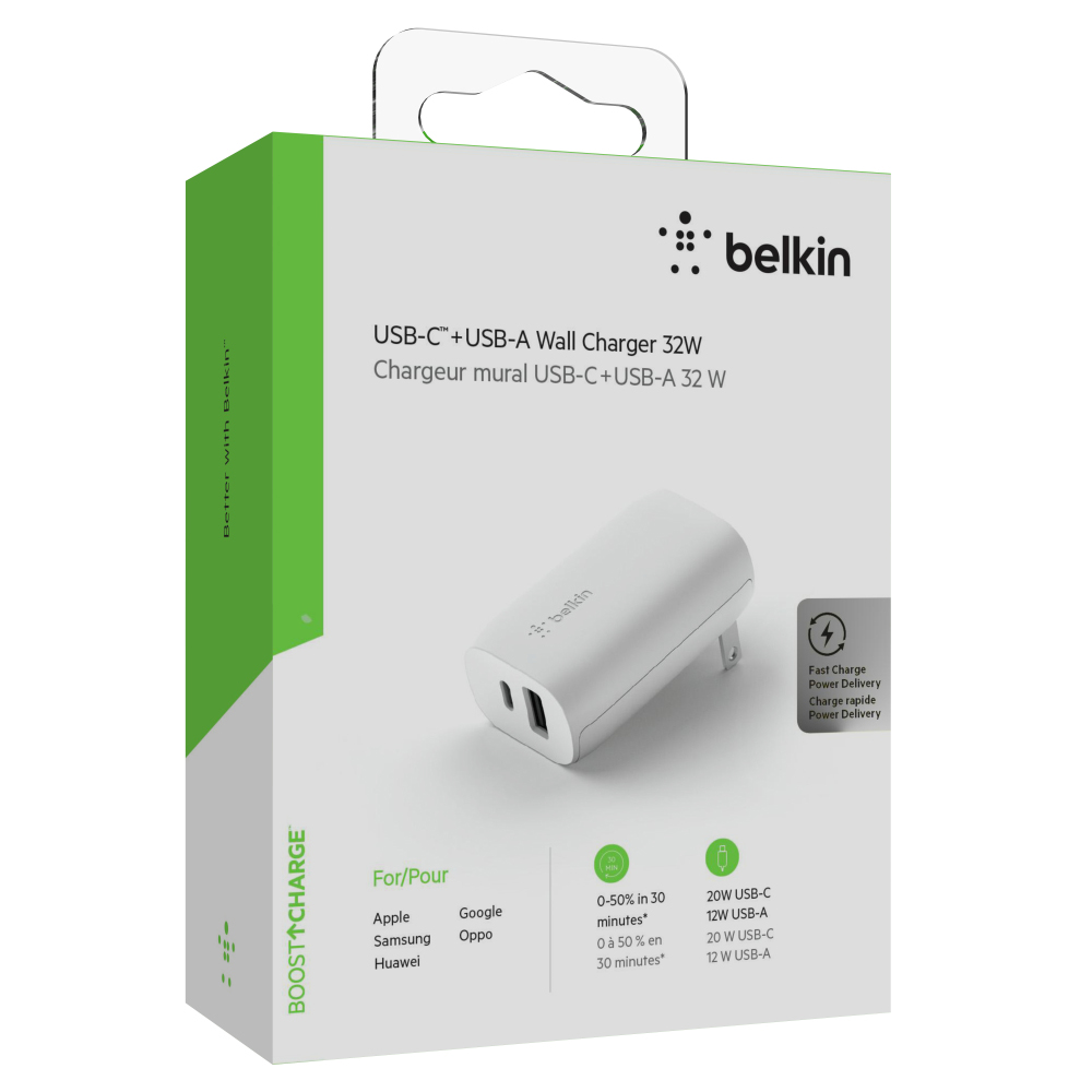 Adaptador De Corriente Belkin, USB-C PD, UB-A 3.0                     