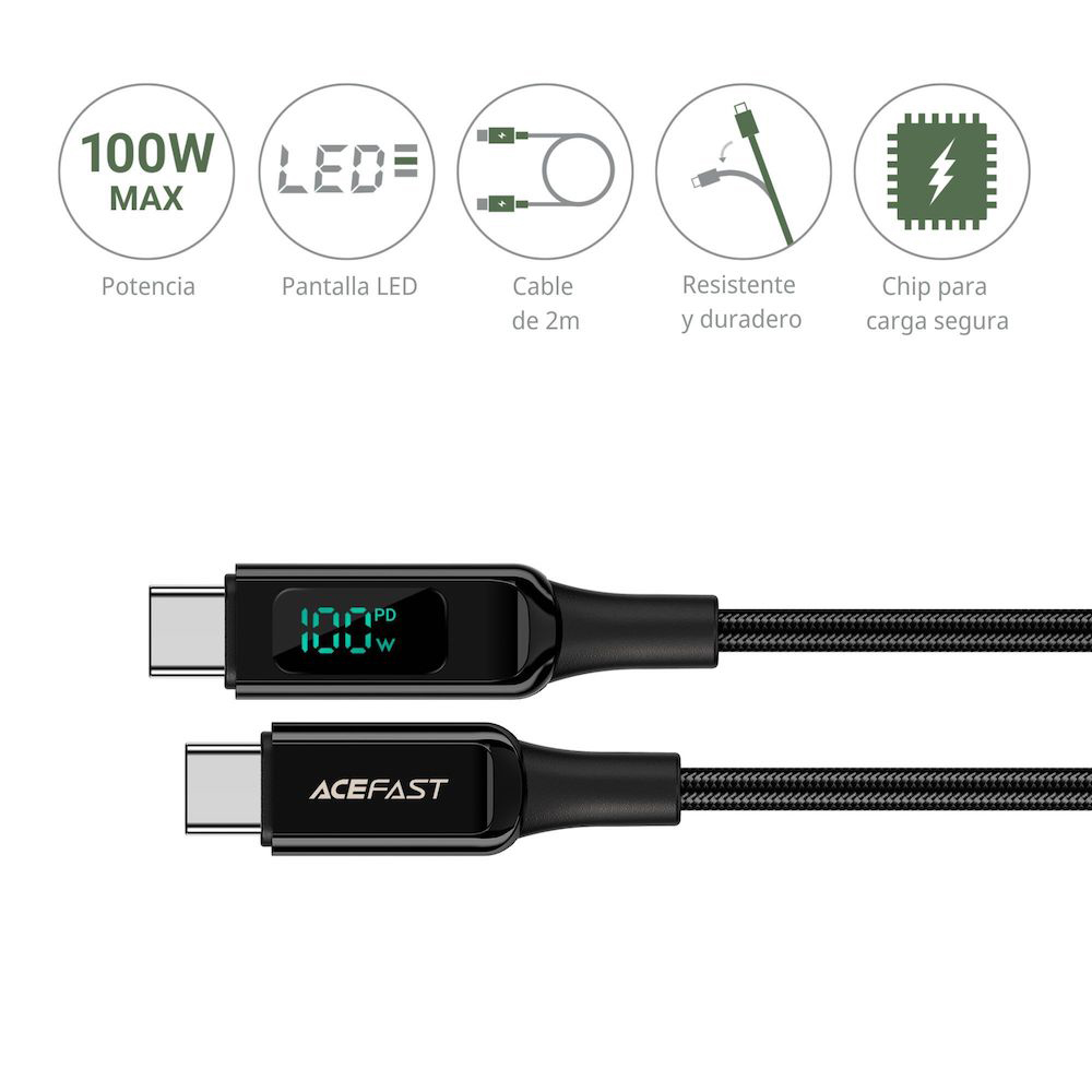 Soporta carga rápida Power Delivery (PD) de hasta 100W y transmisión de datos de 480 Mbps. La corriente máxima es de hasta 3A, Pantalla LED digital para monitorear la carga en tiempo real. Superó 3000 pruebas de flexión, Tiene un chip inteligente incorporado que regula la entrada de energía y te dará una carga segura, El exterior es de alambre trenzado y los conectores reforzados son de aluminio para mayor resistencia. Tiene una longitud de 1.2 metros.