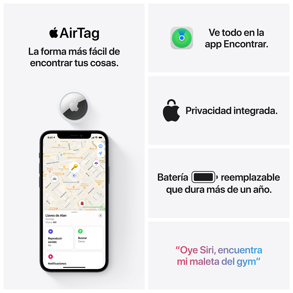 El AirTag te ayuda a encontrar tus cosas muy fácilmente. Ponle uno a tus llaves o a tu mochila para que siempre puedas ver su ubicación en la app Encontrar. Además, esta app también te permite localizar tus dispositivos Apple y mantenerte en contacto con tus familiares y amistades.
