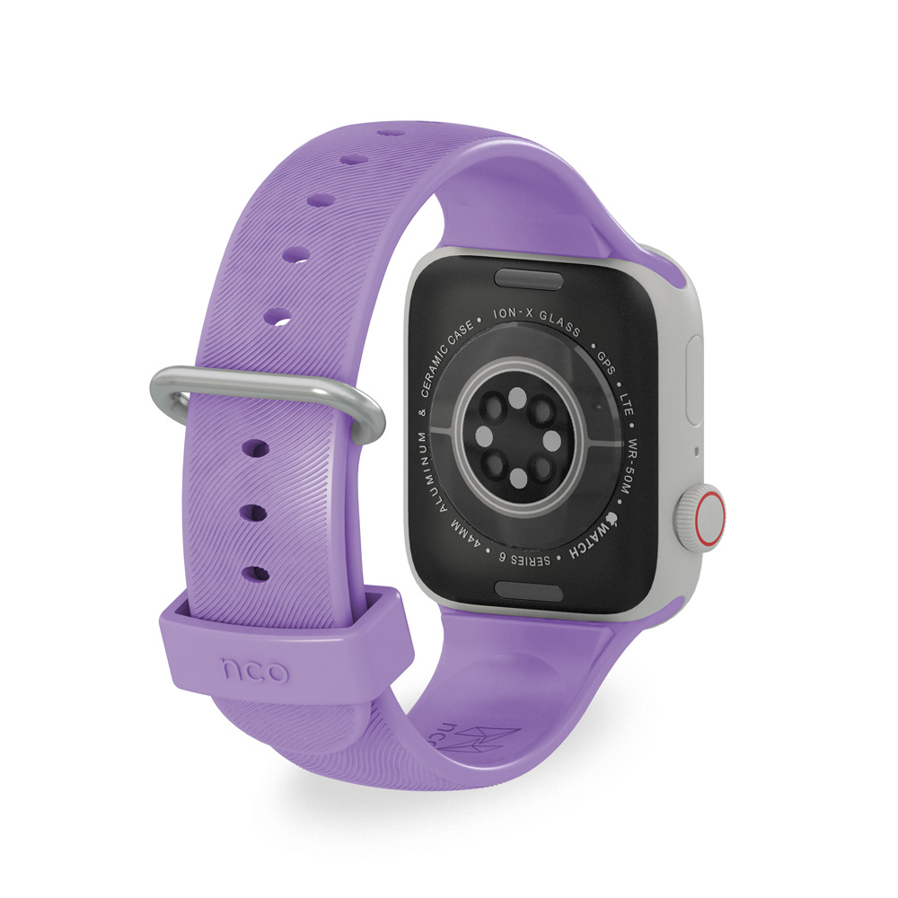 Correa para Apple Watch 38 / 40 mm color morado, material compuesto por fluorocarbono con terminaciones metálicas.